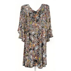 Calvin Klein Size 14 Women's Boho Paisley Dress Multicolor Ruffle‎ Sleeve 70's